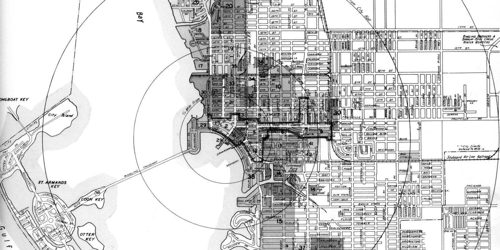 A 1954 key map of Sarasota, its bay and the keys