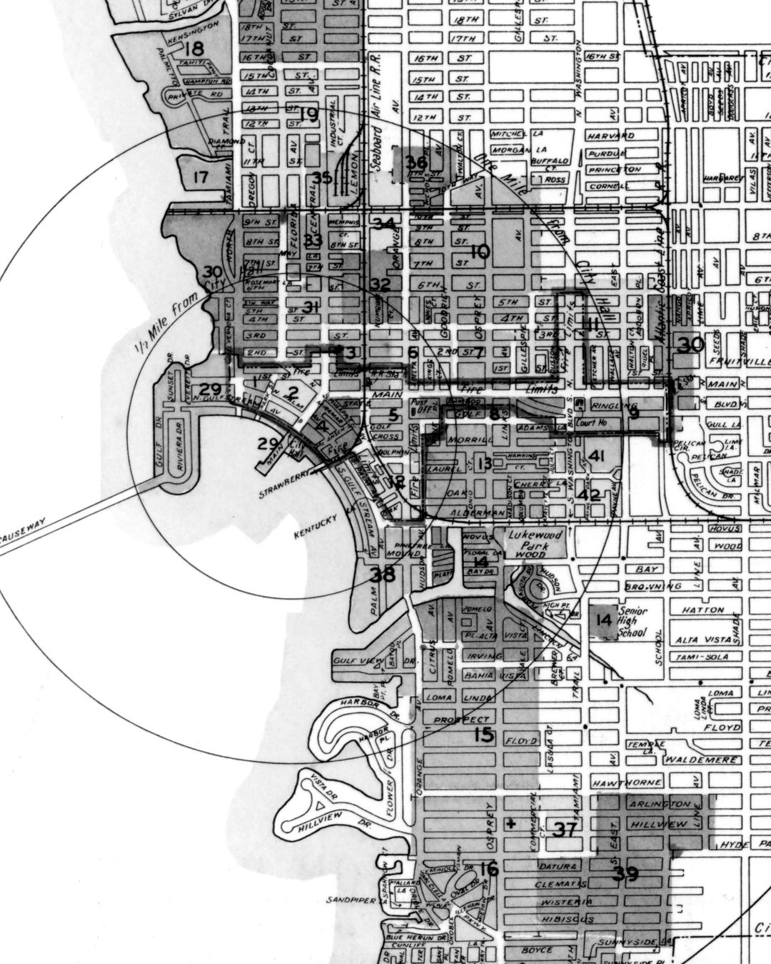 A 1954 key map of downtown Sarasota and the bayfront